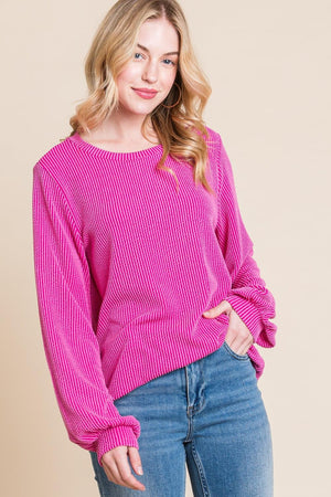 BOMBOM Long Sleeve Curved Hem Ribbed T-Shirt - PD SECRET REALM