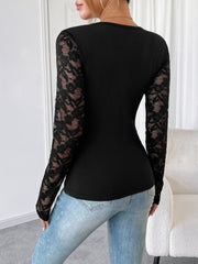 Round Neck Lace Patchwork Long Sleeve Top