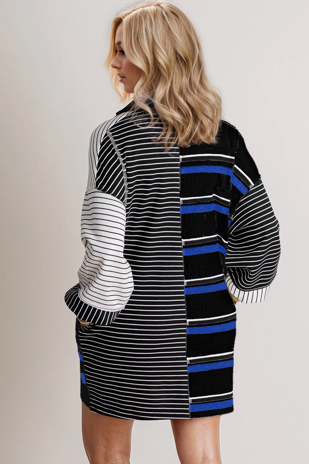 Full Size Striped Half Button Long Sleeve Mini Dress