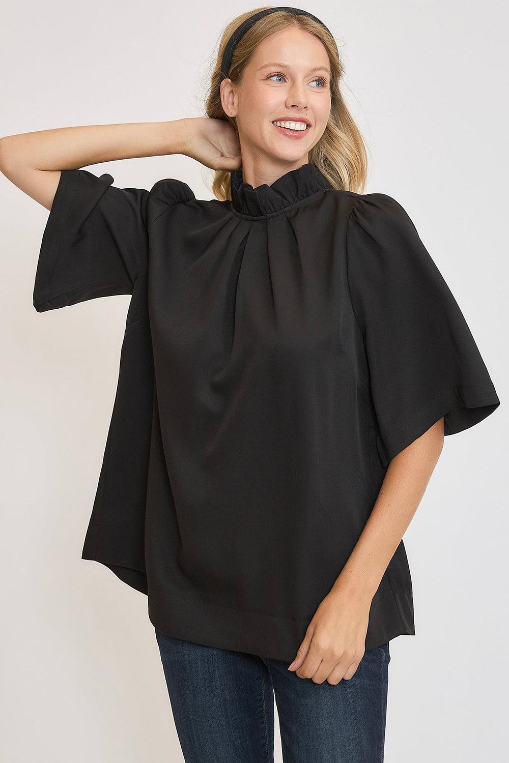 Bow Tie Back Mock Neck Half Sleeve Blouse - PD SECRET REALM