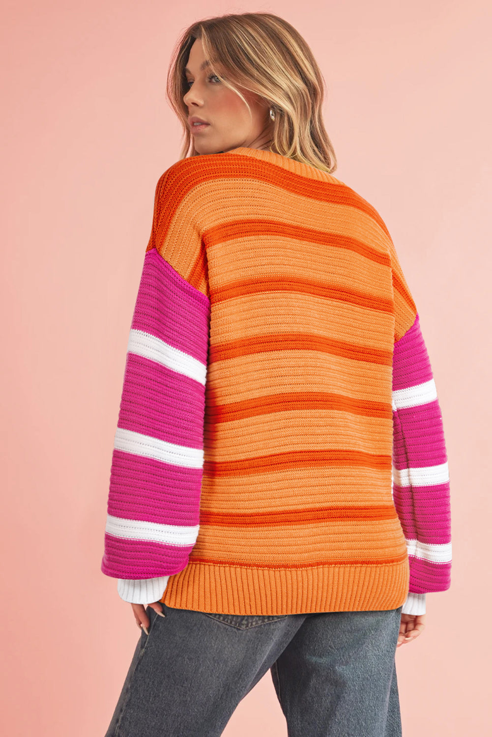 Orange Striped Colorblock Puff Sleeve Sweater