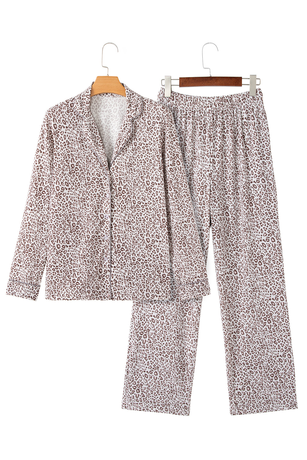 White Allover Leopard Print Long Sleeve and Pants Pajama Set