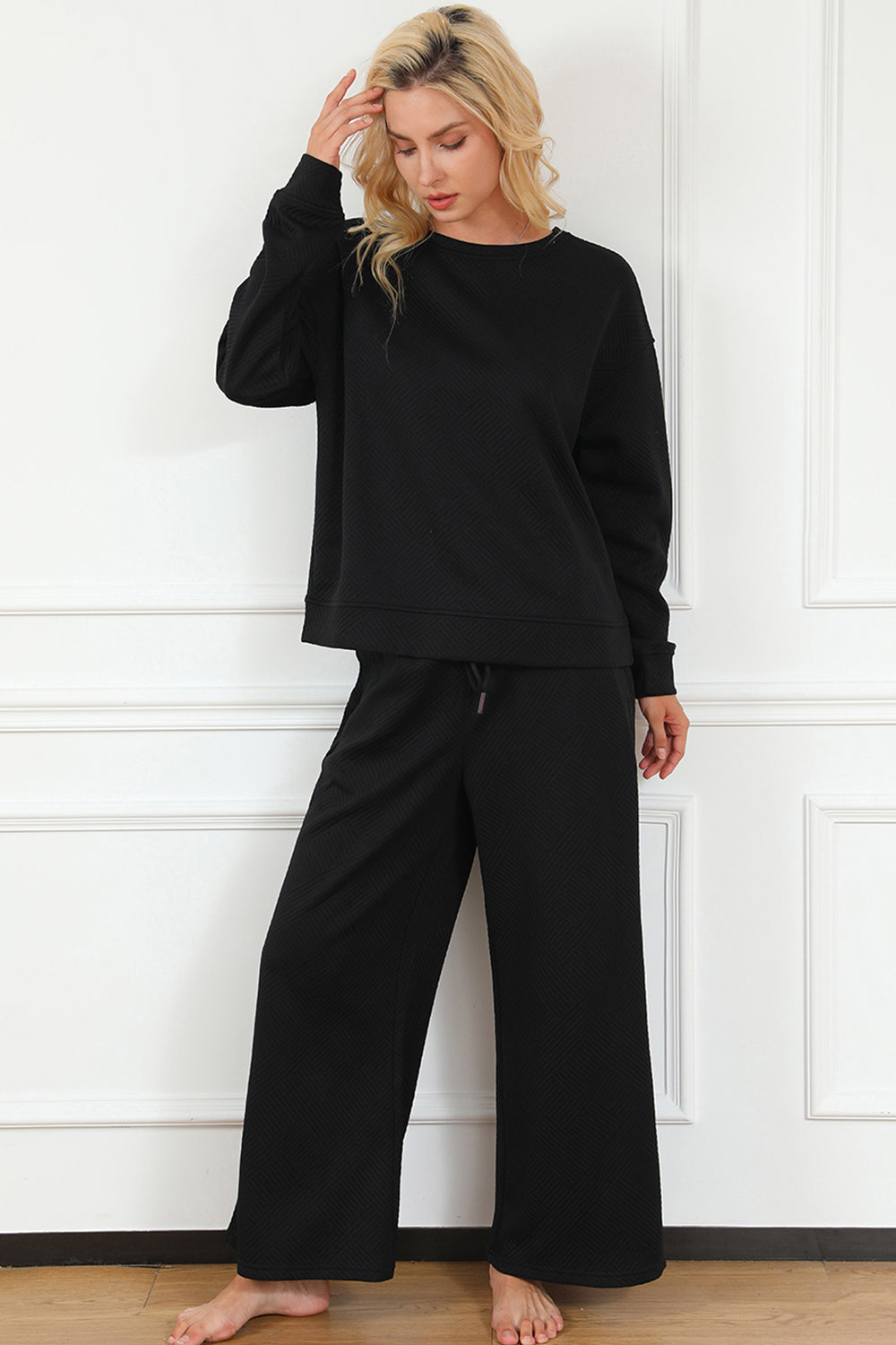 Full Size Textured Long Sleeve Top and Drawstring Pants Set