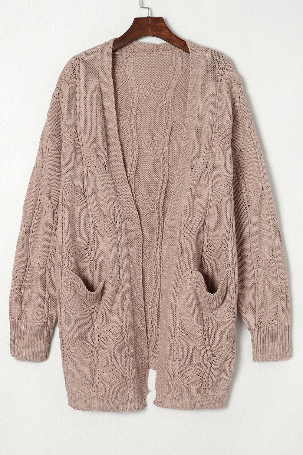 Khaki Ribbed Trim Hollow Knit Side Slits Cardigan