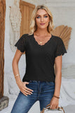 Eyelet V-Neck Lace Short Sleeve T-Shirt - PD SECRET REALM