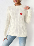 Cable-Knit Heart Round Neck Long Sleeve Sweater - PD SECRET REALM