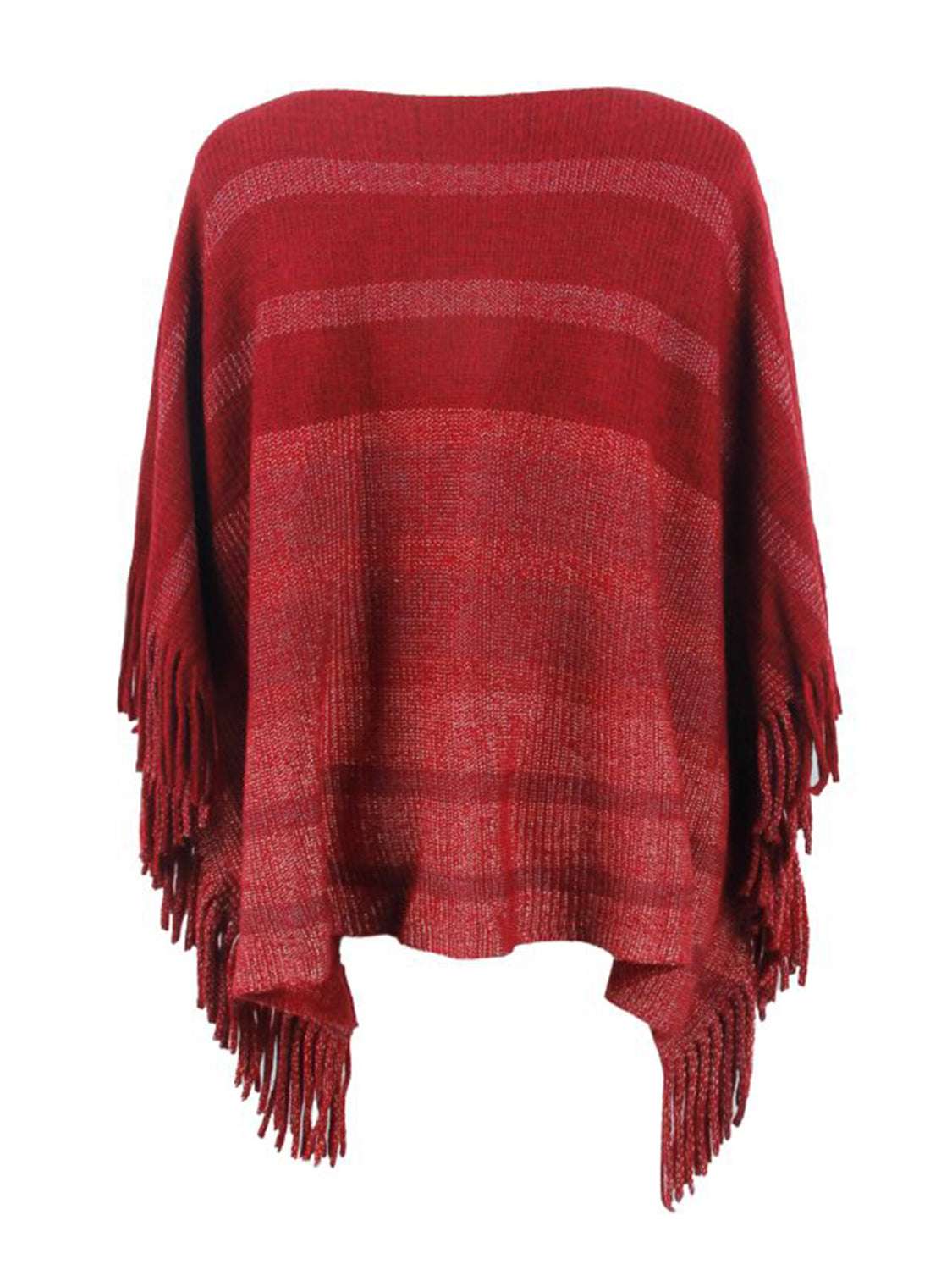 Striped Boat Neck Poncho with Fringes