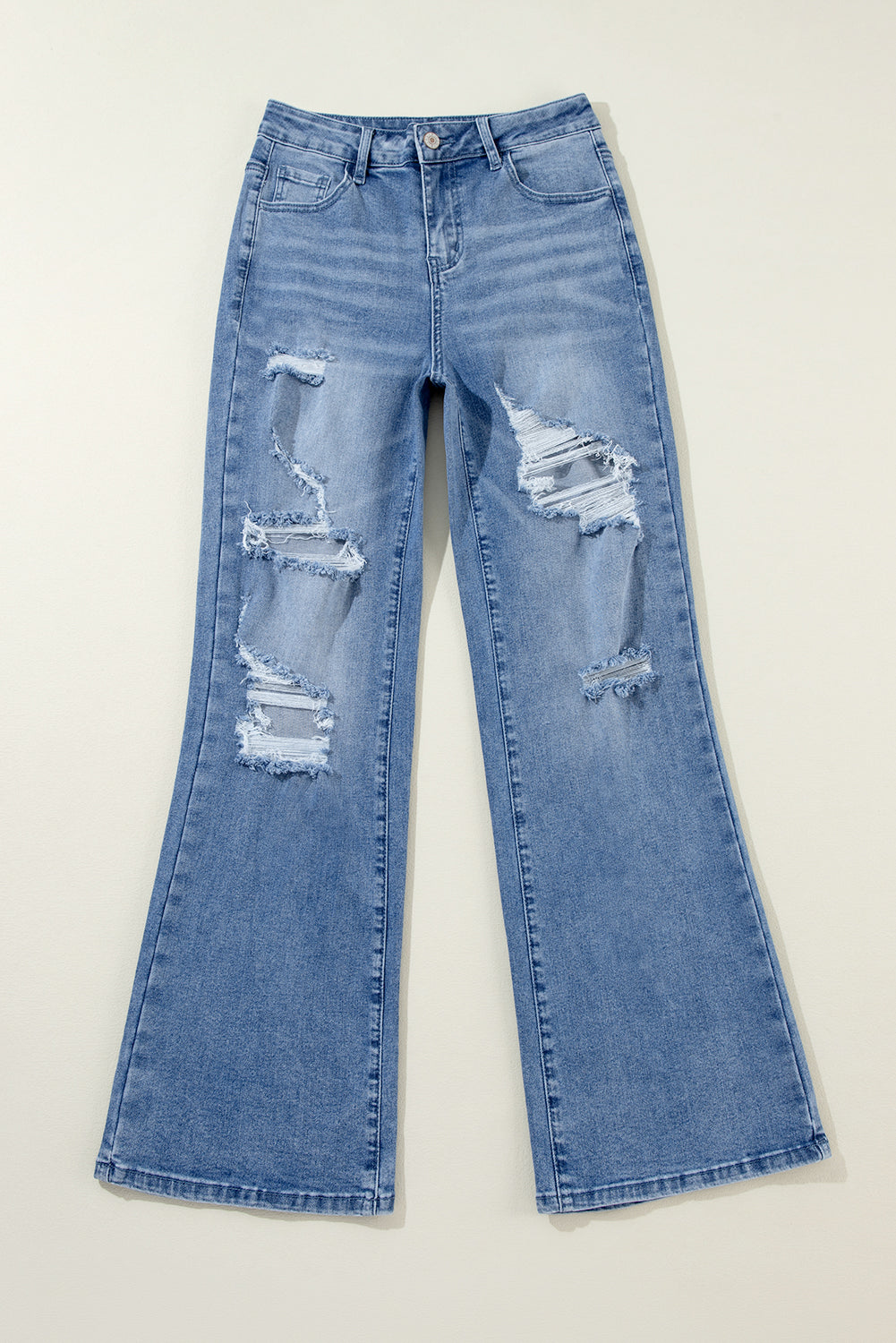 Blue Acid Wash Distressed Wide Leg High Waist Jeans