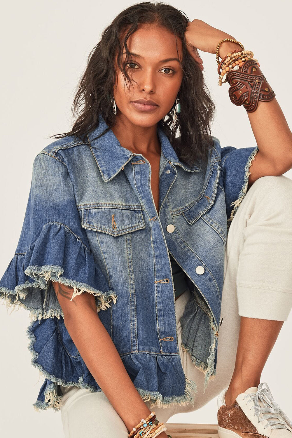 Peacock Blue Raw Edge Bell Short Sleeve Denim Jacket