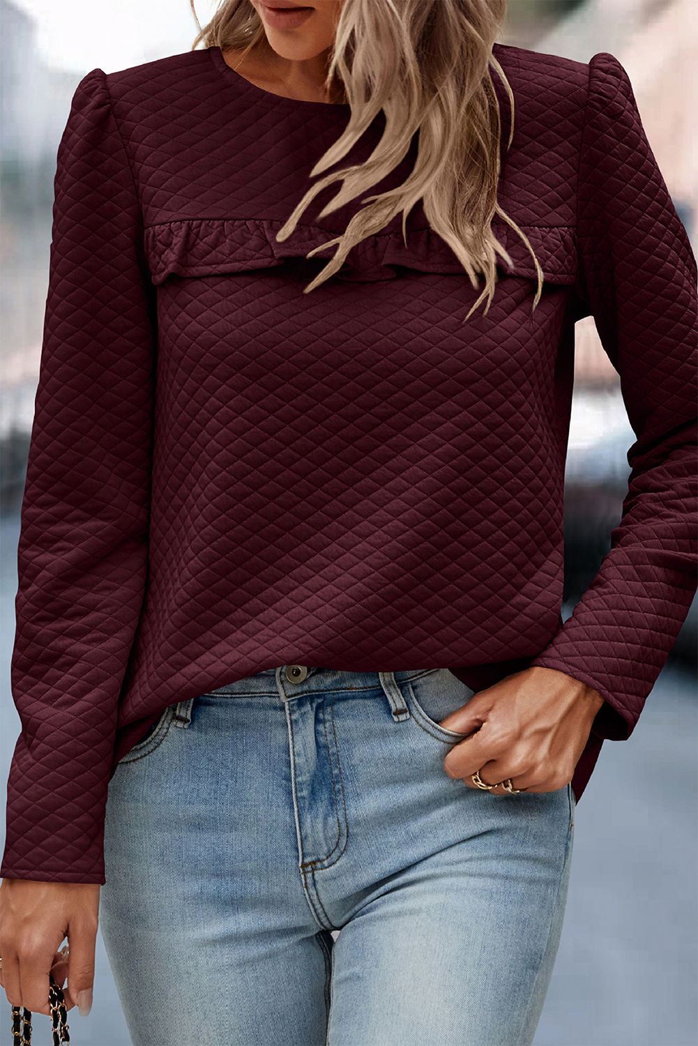 Burgundy Quilted Button Back Puff Sleeve Sweatshirt