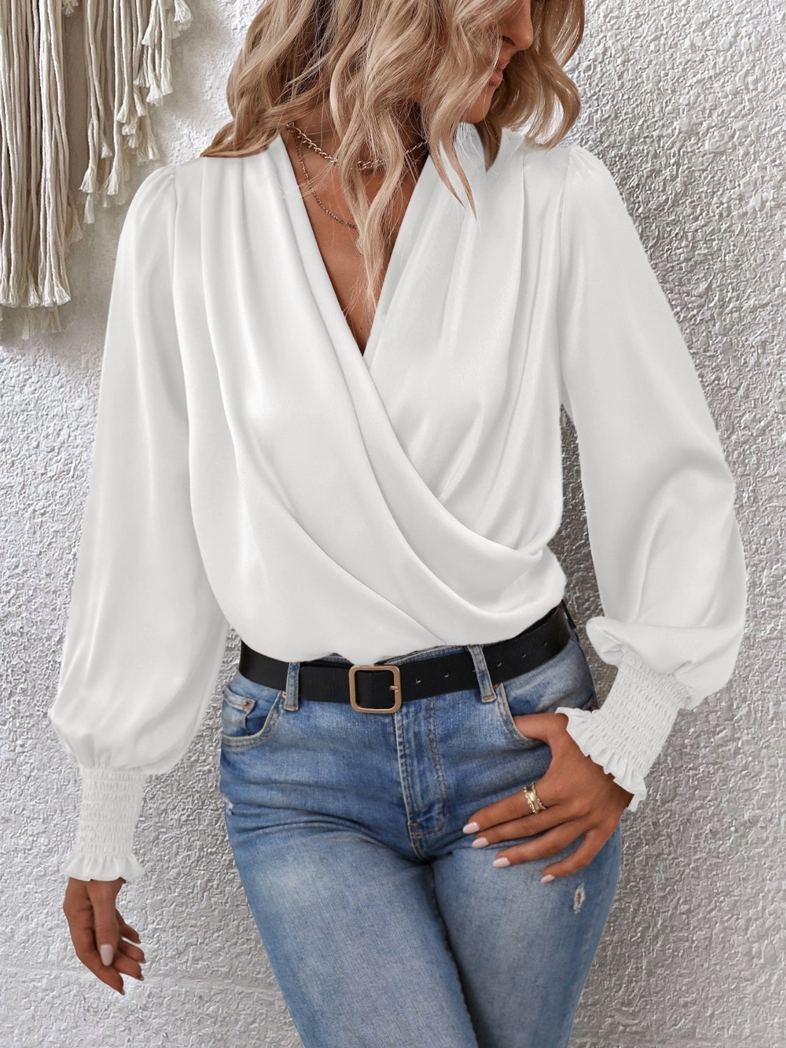 Smocked Lantern Sleeve Blouse