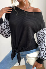 Perfee Leopard Print Sleeve Tie Front Top