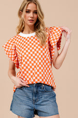 Checkered Round Neck Puff Sleeve Blouse