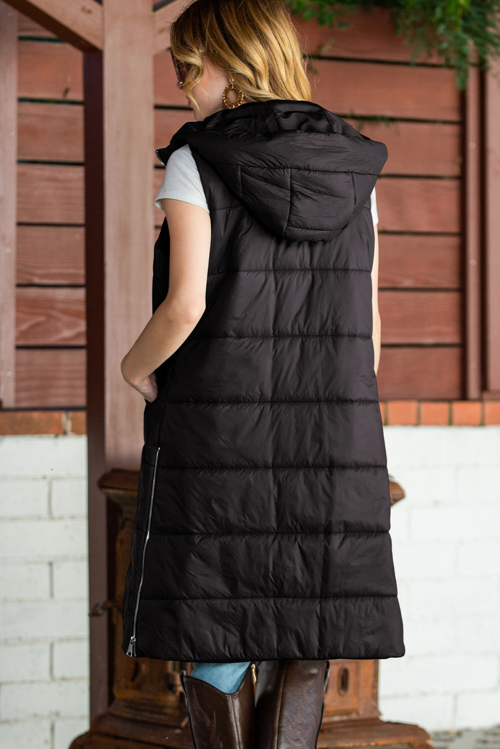 Green Hooded Pocketed Quilted Long Vest Coat