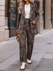 Full Size Leopard Lapel Collar Long Sleeve Blazer and Pants Set