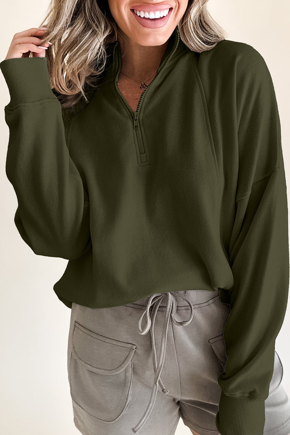 Jungle Green Zipper Collared Drop Shoulder Plain Sweatshirt