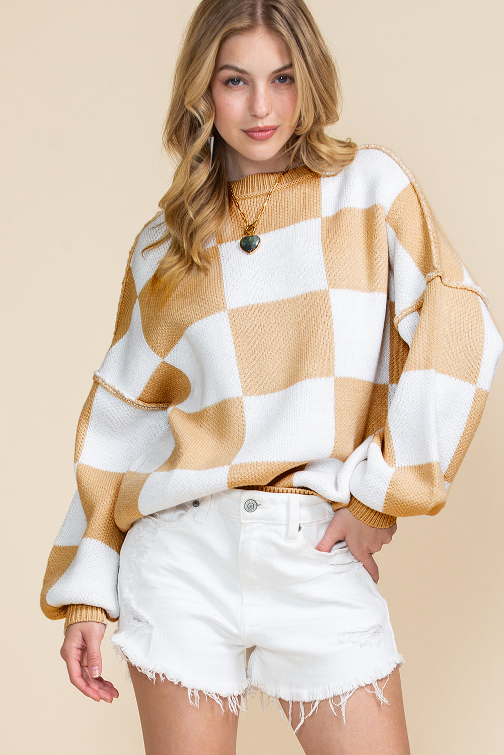 Green Checkered Bishop Sleeve Pullover Sweater