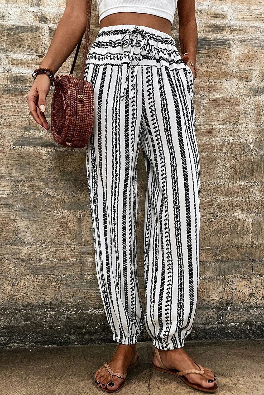 Black Stripe Geometric Print Drawstring Cuff Pants