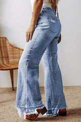 Blue Acid Wash Raw Hem High Waist Flared Jeans