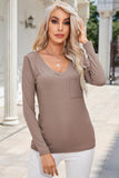 Ribbed V-Neck Long Sleeve Blouse with Pocket - PD SECRET REALM