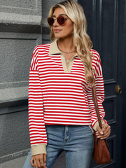 Striped Jnny Collar Long Sleeve Sweatshirt