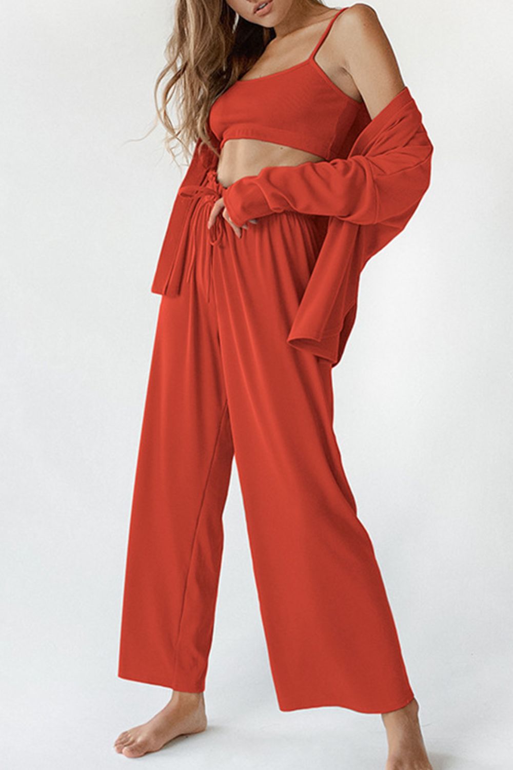 Spaghetti Strap Bra, Open Front Cardigan and Drawstring Pants Set