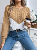 Cable-Knit Color Block Round Neck Sweater - PD SECRET REALM