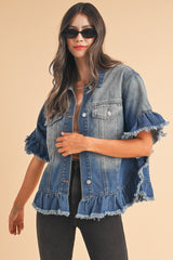 Peacock Blue Raw Edge Bell Short Sleeve Denim Jacket