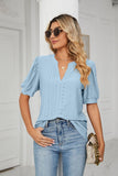 Eyelet Short Puff Sleeve Notched Neck Top - PD SECRET REALM