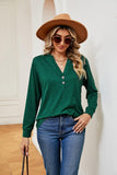 Buttoned Notched Neck Long Sleeve Top - PD SECRET REALM