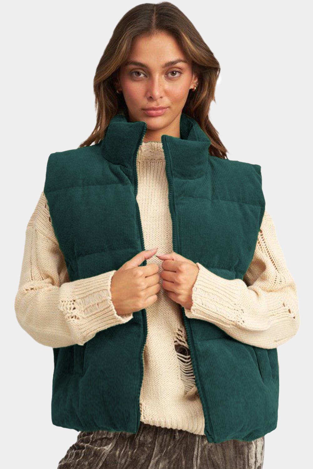 Coffee Solid Color Corduroy Puffer Vest Coat