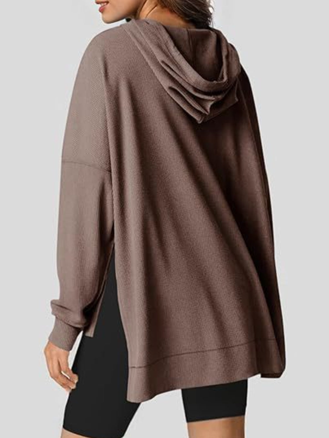 Drawstring Slit Long Sleeve Hoodie