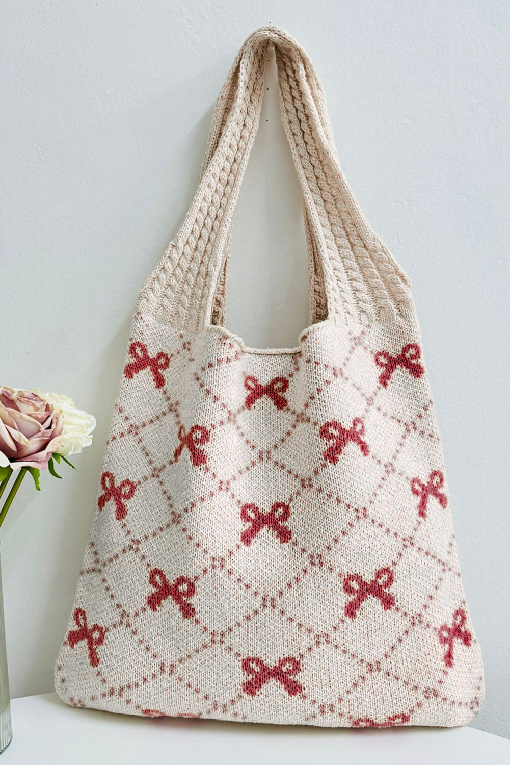 Fiery Red Bow Argyle Pattern Cable Knit Shoulder Bag