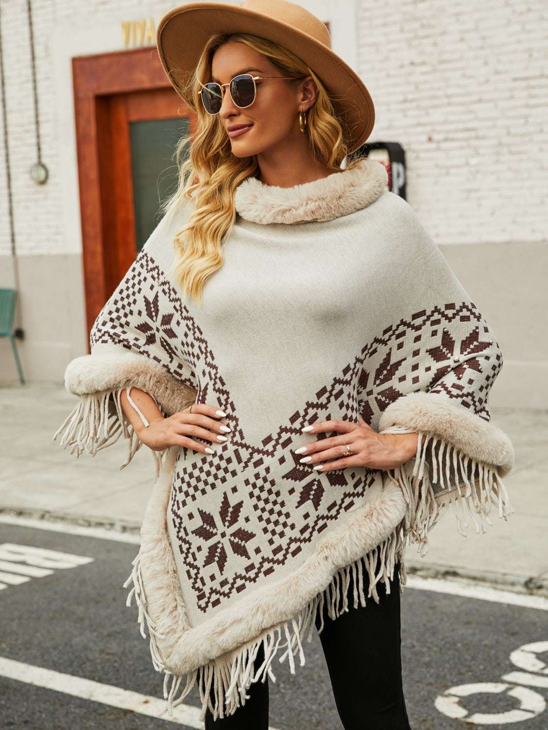 Fringe Geometric Cape Sleeve Poncho