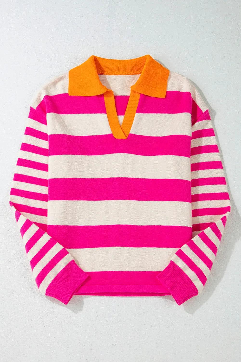 Contrast Stripes Johnny Collar Long Sleeve Sweater - PD SECRET REALM