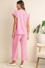 Pink Textured Pearl Ruffle Sleeve Wide Leg Two Piece Pants Set