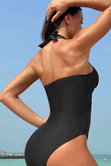 Black Halter Mesh Insert Cross Front One Piece Swimsuit