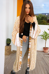 Yellow Bohemian Geometric Print Loose Sleeve Long Kimono