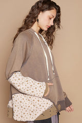 Floral Patchwork Distressed Drawstring Hoodie