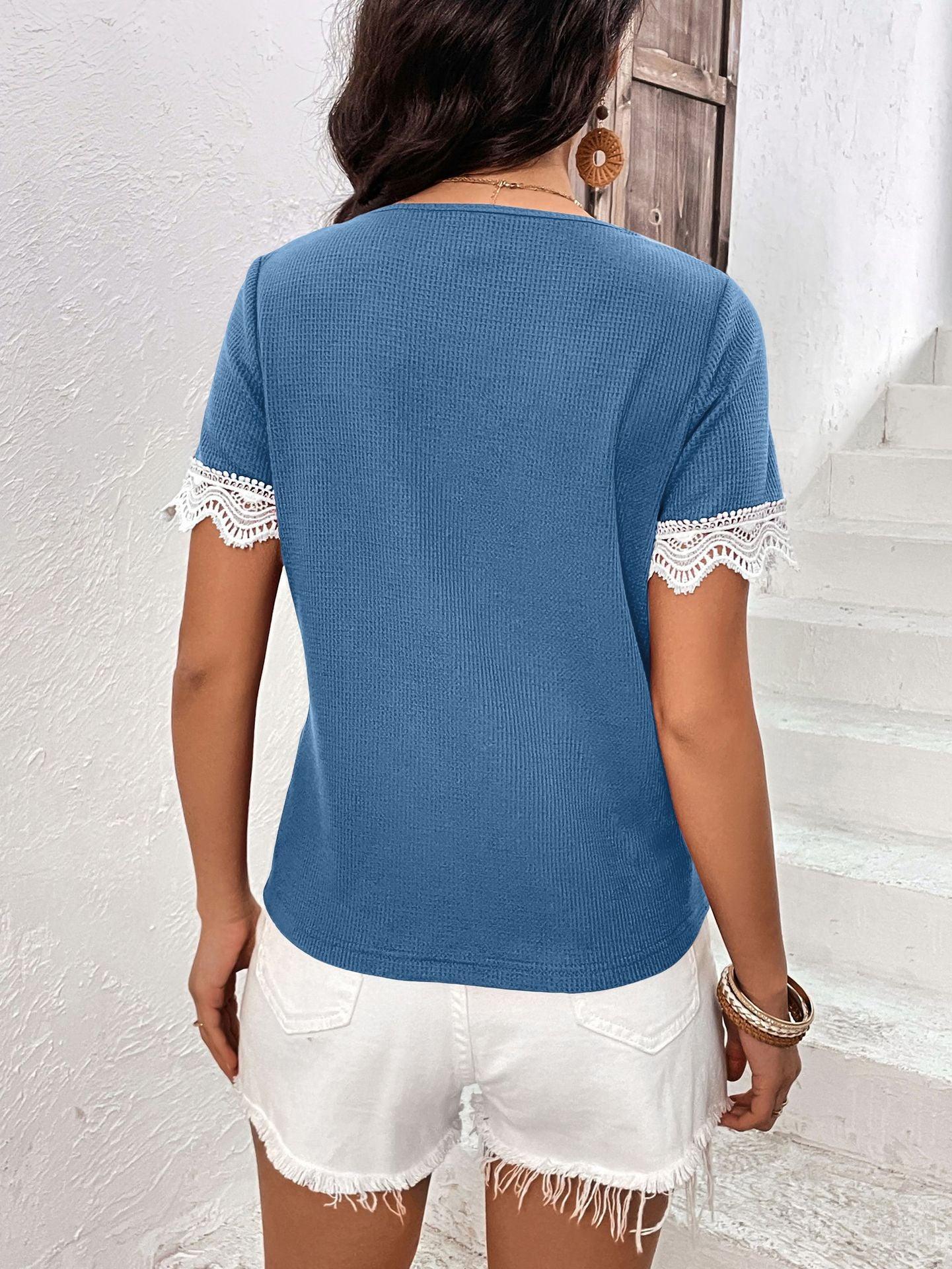 Ivy Lane Decorative Button Spliced Lace Short Sleeve Top