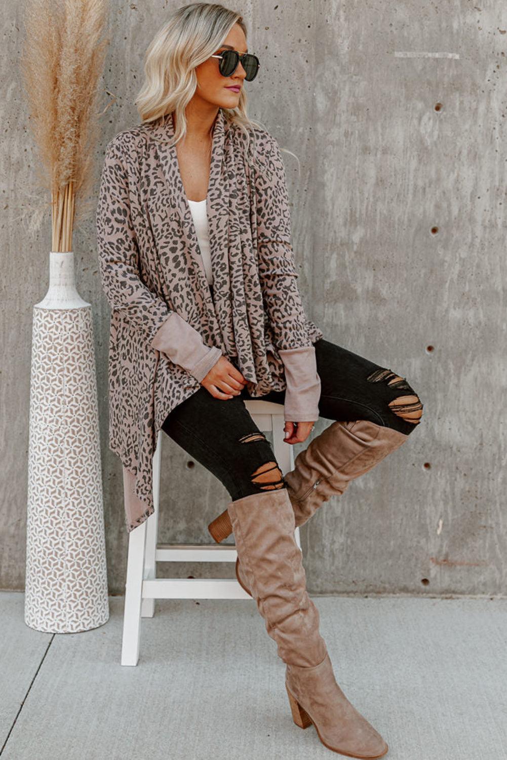 Cheetah Print Cowl Neck Open Front Long Cardigan