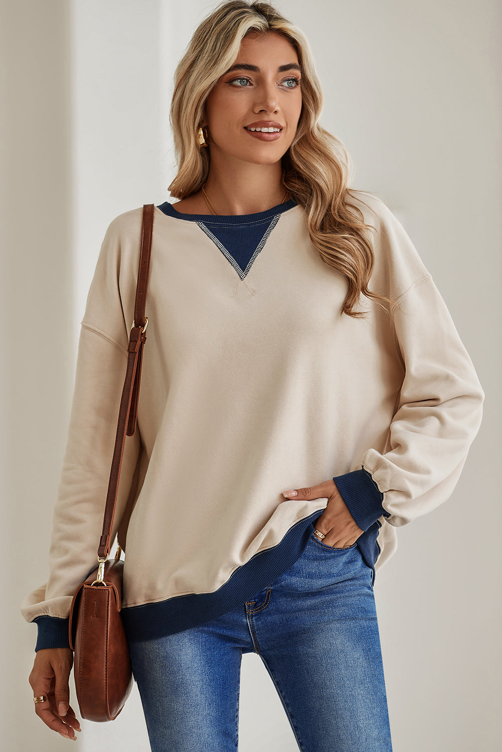 Red Clay Color Block Drop Shoulder Crewneck Oversized Sweatshirt