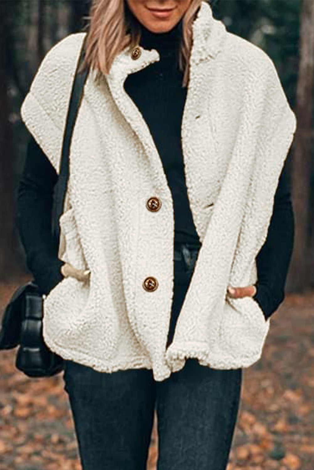 Beige Sherpa Cap Sleeve Stand Collar Vest Coat