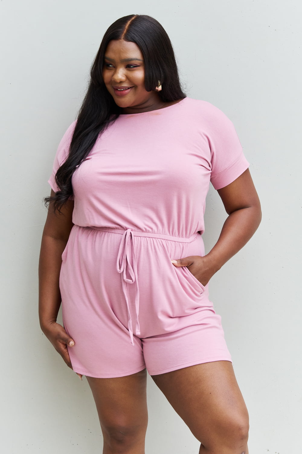 Zenana Chilled Out Full Size Short Sleeve Romper in Light Carnation Pink - PD SECRET REALM