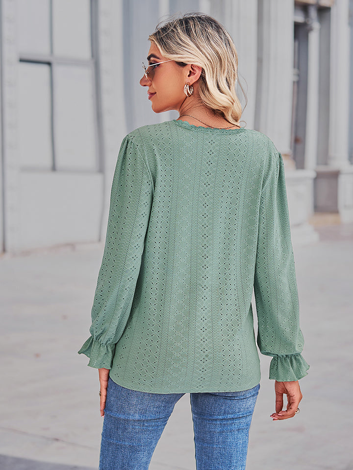 Eyelet V-Neck Flounce Sleeve Blouse