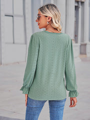 Eyelet V-Neck Flounce Sleeve Blouse