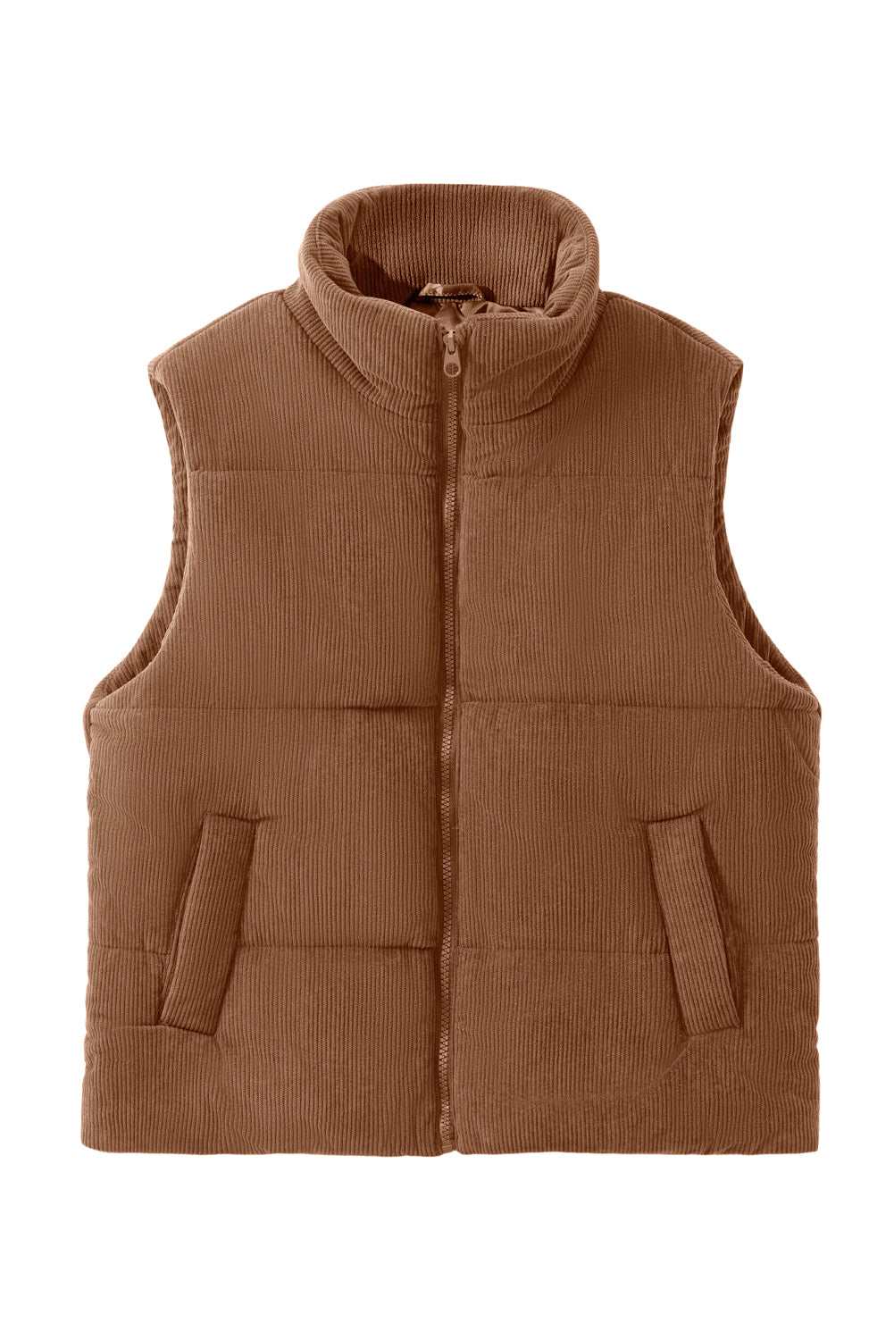 Coffee Solid Color Corduroy Puffer Vest Coat