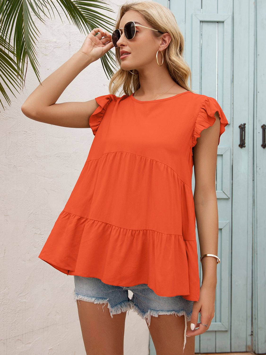 Ivy Lane Round Neck Flutter Sleeve Tiered Blouse