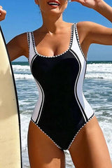 Black Color Block Ric Rac Trim U Neck One Piece Swimsuit