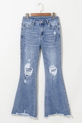 Dusk Blue High Rise Ripped Distressed Hem Flared Jeans